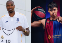 Compañeros élite para los argentinos: Ibaka y Núñez se suman a los gigantes españoles Serge Ibaka y Juan Núñez posan para las cuentas oficiales del Real Madrid y Barcelona.