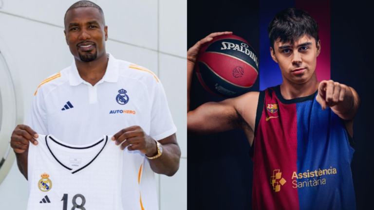 Serge Ibaka y Juan Núñez posan para las cuentas oficiales del Real Madrid y Barcelona.