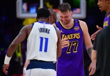 Sonrisa vengativa: el primer show de Luka Doncic contra los Mavericks Luka Doncic y Kyrie Irving se saludan tras el primer Lakers-Mavericks como rivales.