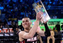 Three-Point Contest 2025: Tyler Herro fue el campeón Tyler Herro levanta el trofeo de campeón del Three-Point Contest 2025.