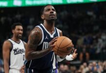 Pesadilla en Dallas: Irving se pierde el resto de la temporada Kyrie Irving lanzó los dos tiros libres antes de retirarse del juego.
