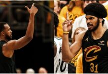 NBA Playoffs: Los Cavaliers reaccionan. Denver se pone al frente Evan Mobley y Jarret Allen festejan ña victoria de Cleveland para descontar en la serie.