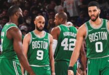 NBA Playoffs: Doble triunfo visitante alt="Jayson Tatum y jugadores de los Boston Celtics en el Madison Square Garden durante el Juego 3 ante New York Knicks por las semifinales del Este en los NBA Playoffs 2025"