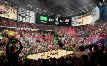 Los Ángeles 2028: el básquetbol olímpico cambia su formato El póster del Intuit Dome que presentó la organización de Los Ángeles 2028.