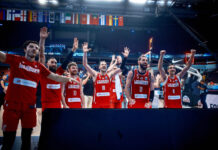 EuroBasket 2025: cuartos de finales definidos tras varios batacazos El festejo de Georgia tras eliminar a Francia. Foto: FIBA EuroBasket 2025.
